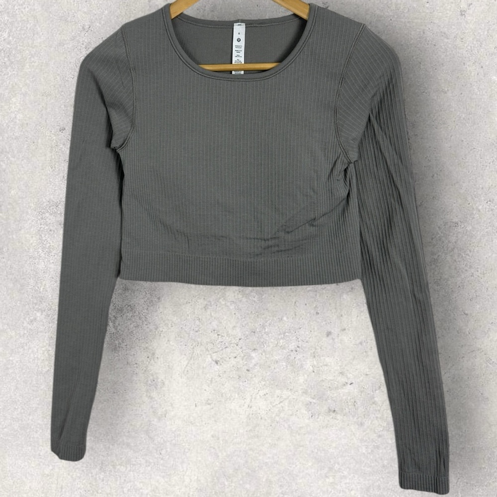 Lululemon Ebb To Street Long Sleeve Shirt Grey Womens Size 6 Ribbed Crop Run Top - Picture 15 of 16